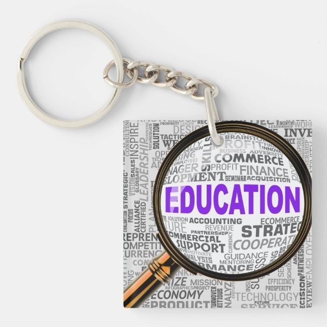Education Concept Magnifying Glass Word Cloud Keychain (Front)