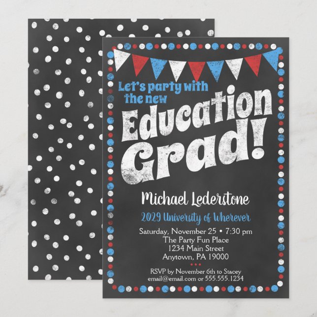 Education Graduation Party Invitation Red Blue (Front/Back)