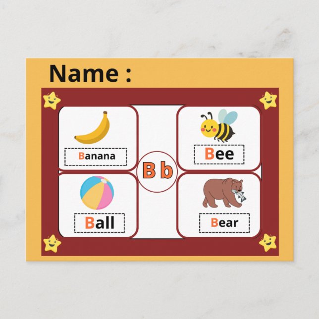 Educational Alphabet Letter (B) Flashcard for kids Postcard (Front)