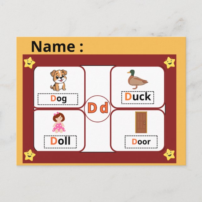 Educational Alphabet Letter D Flashcard for Kids  Postcard (Front)