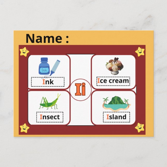 Educational Alphabet Letter I Flashcard for Kids  Postcard (Front)
