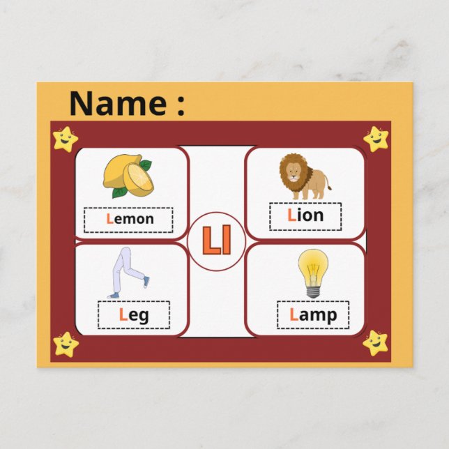 Educational Alphabet Letter L Flashcard for Kids  Postcard (Front)