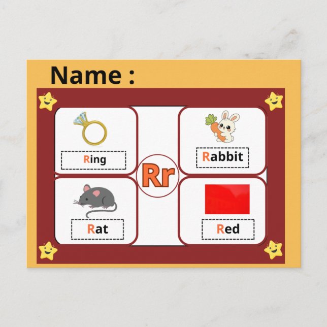 Educational Alphabet Letter R Flashcard for Kids  Postcard (Front)