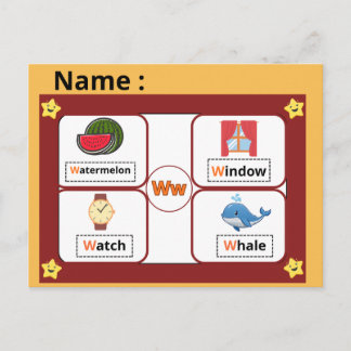 Educational Alphabet Letter W Flashcard for Kids Postcard