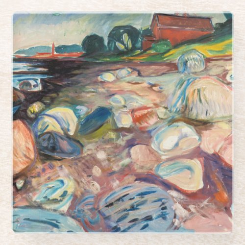 Edvard Munch _ Shore with Red House Glass Coaster