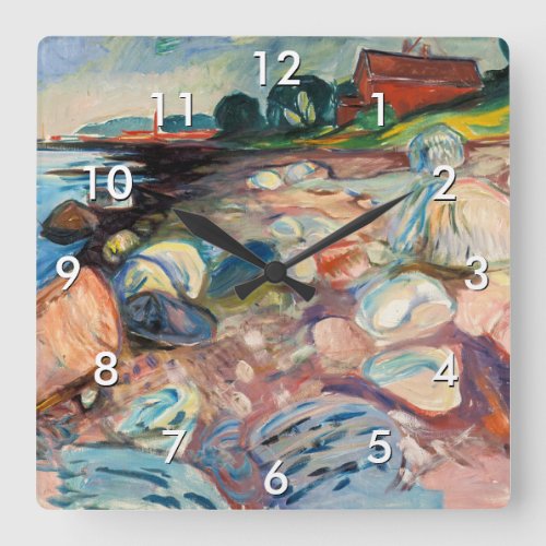 Edvard Munch _ Shore with Red House Square Wall Clock