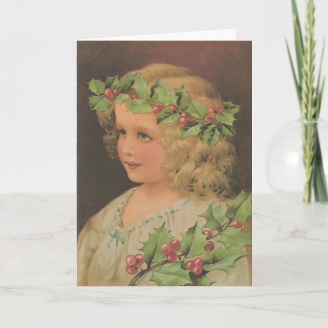 Edwardian Child Holly Christmas Greeting Card (Front)