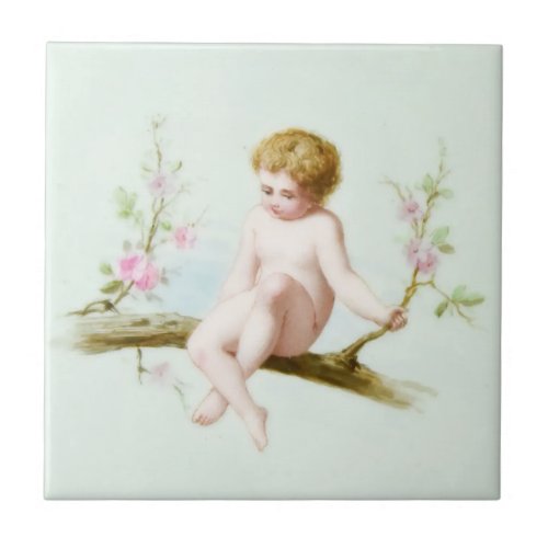 Edwardian Era Angelic Infant on Tree Flower Swing Ceramic Tile