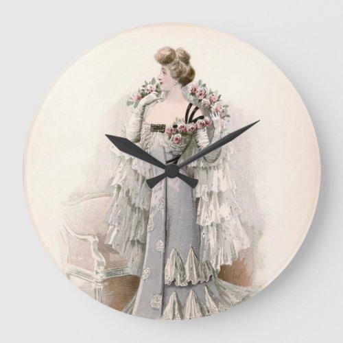 Edwardian Lady Adorned With Roses Vintage Fashion Large Clock