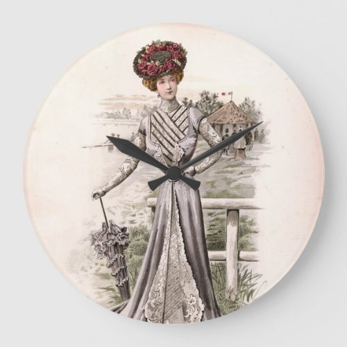 Edwardian Lady With Umbrella Vintage Fashion Large Clock