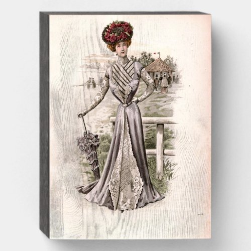 Edwardian Lady With Umbrella Vintage Fashion  Wooden Box Sign