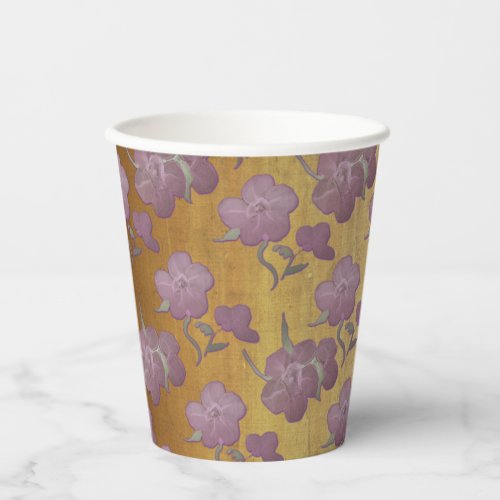Edwardian Style Dusty Plum Flowers on Gold Silk Paper Cups