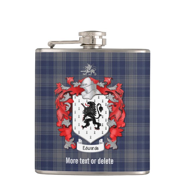 Edwards Family Crest and Tartan Plaid Hip Flask (Front)