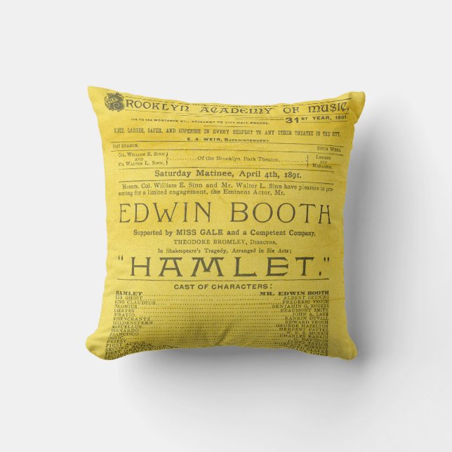 Edwin Booth Hamlet Program Throw Pillow (Front)