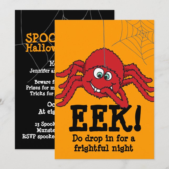 Eek! big red spider Halloween party invitation (Front/Back)