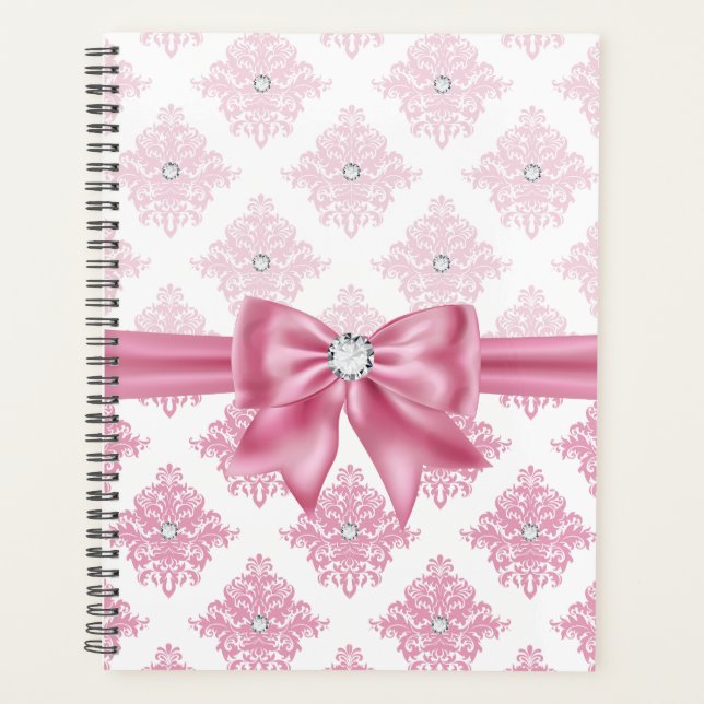 Eelegant Glam Pink Bow Diamonds Damask  Planner (Front)