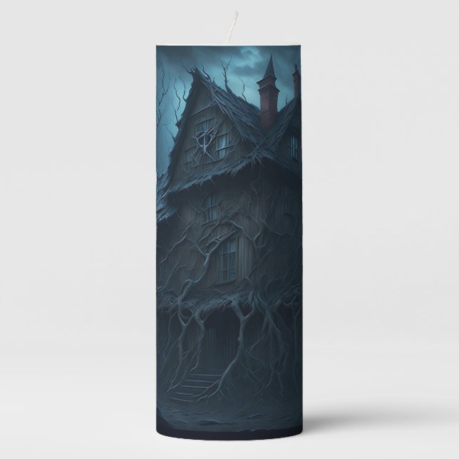 Eerie Abandoned Mansion Halloween Pillar Candle (Front)