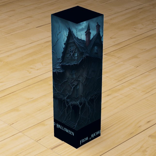 Eerie Abandoned Mansion Halloween Wine Box (Front)