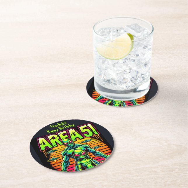 Eerie Aliens Wander Near Area 51 Under Neon Skies Round Paper Coaster (Insitu)