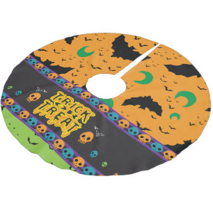 Eerie Bats and Moon Orange Green Halloween Skulls Brushed Polyester Tree Skirt