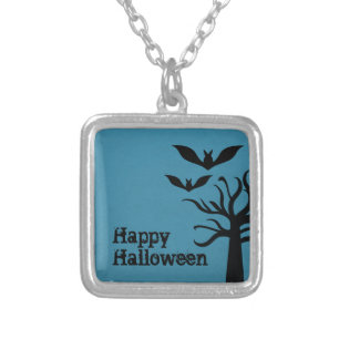Eerie Bats Halloween Necklace, Blue Silver Plated Necklace