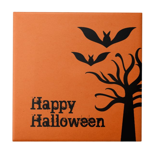 Eerie Bats Halloween Tile, Orange Ceramic Tile (Front)