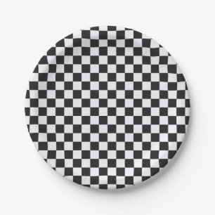 Eerie Black and Ghost White Checkerboard Paper Plates
