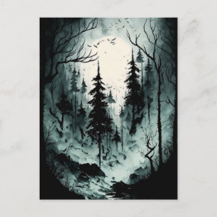 Eerie Black and White Ink Forest in Fog Postcard