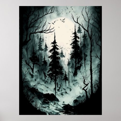 Eerie Black and White Ink Forest in Fog  Poster