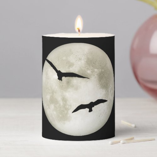 Eerie Black Ravens Flying Full Moon Halloween Pillar Candle