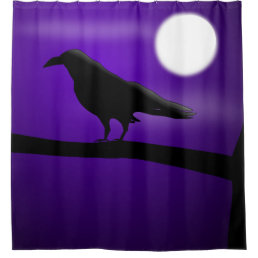 Eerie Blackbiird on Branch Purple Sky Full Moon Shower Curtain