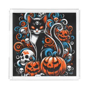 Eerie Cat Skulls Halloween Acrylic Tray