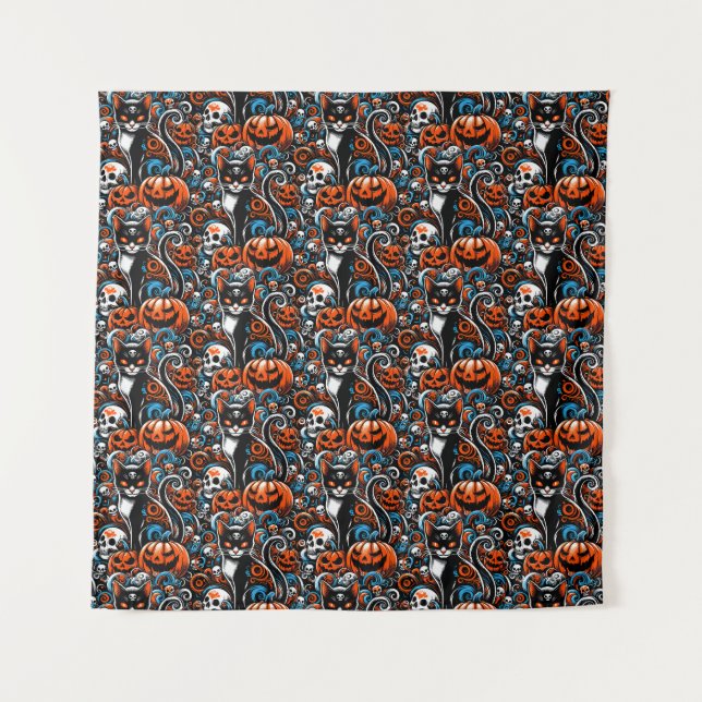 Eerie Cat Skulls Halloween Tapestry (Front)