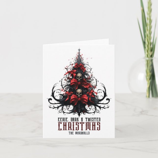 Eerie Dark Twisted Xmas Tree Skull Goth  Holiday Card (Front)