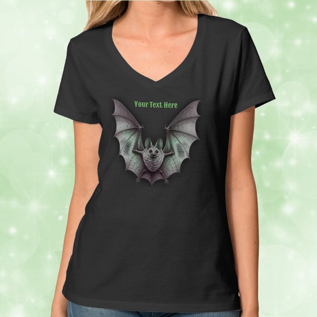 Eerie Flying Grey Bat Glowing Green T-Shirt (Eerie spooky Halloween grey glowing green flying bat on woman's tee shirt.)