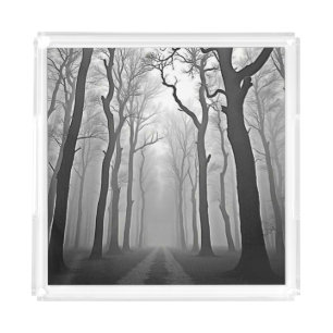 Eerie Foggy Forest Path Art Acrylic Tray