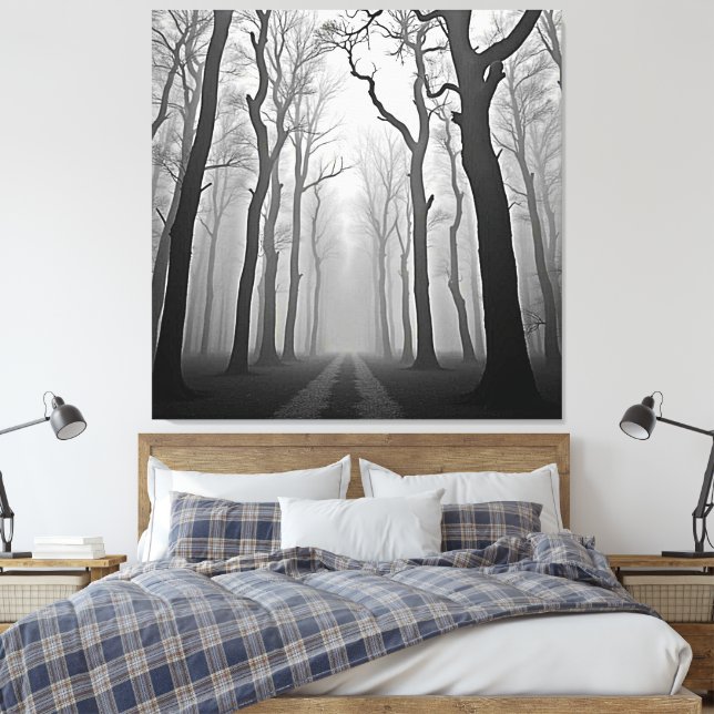 Eerie Foggy Forest Path Art Canvas Print (Insitu(Bedroom))