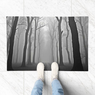 Eerie Foggy Forest Path Art Doormat
