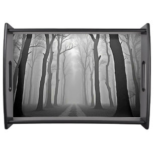 Eerie Foggy Forest Path Art Serving Tray