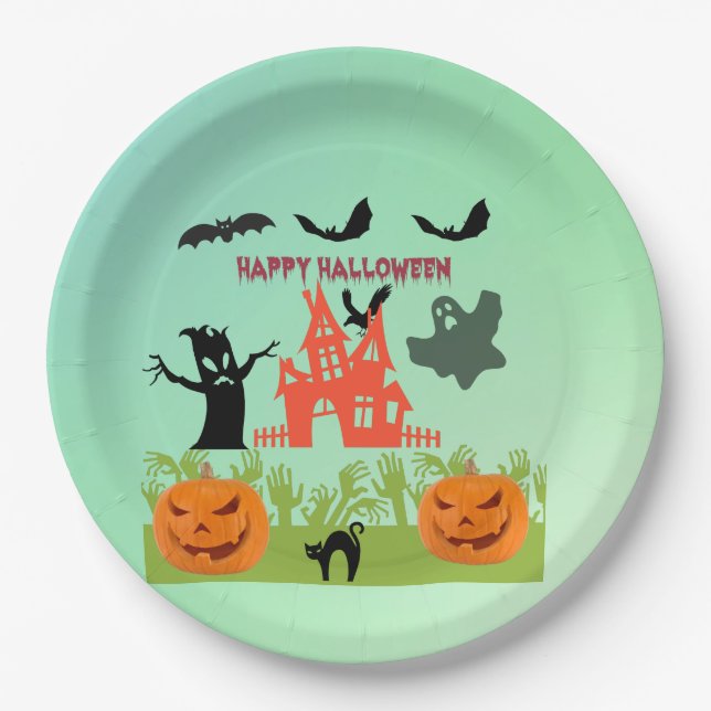Eerie Green Hands Emerging With Pumpkins and Bats Paper Plates (Front)