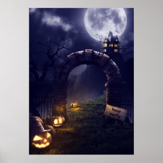 Eerie Halloween Night Full Moon & Haunted House | Poster