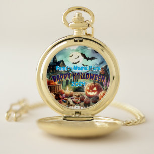 Eerie Halloween Night Watercolor Pocket Watch