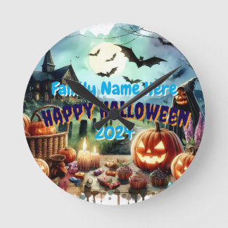 Eerie Halloween Night Watercolor Round Clock