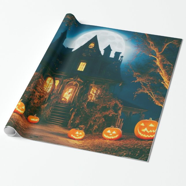 Eerie Illuminations: Enchanting Jack-o'-Lantern Wrapping Paper (Unrolled)