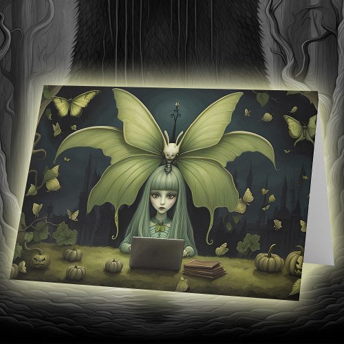 Eerie Moth Computer Girl Surreal Halloween Night Holiday Card