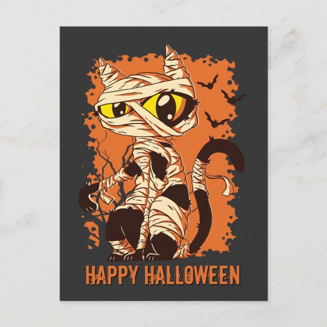 Eerie Mummy Cat Happy Halloween Postcard (Front)