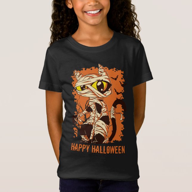 Eerie Mummy Cat Happy Halloween T-Shirt (Front)