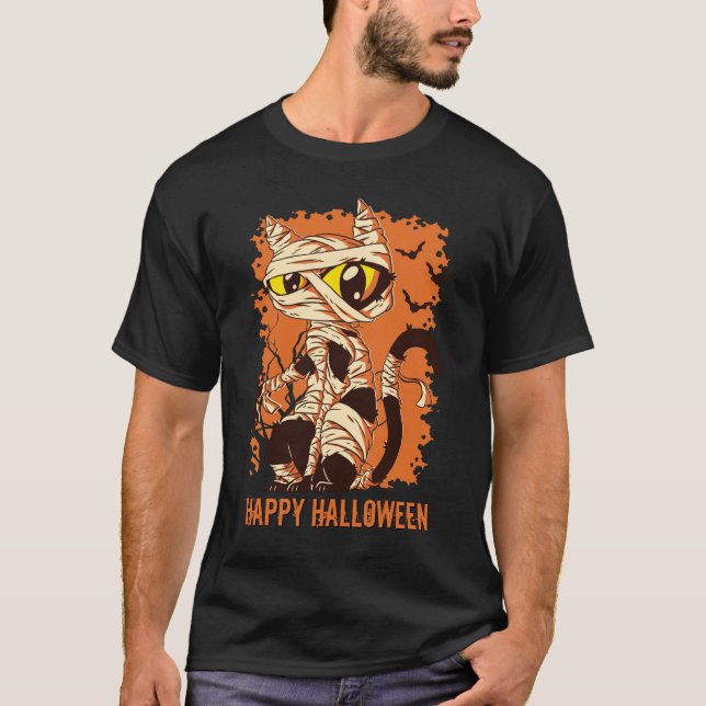 Eerie Mummy Cat Happy Halloween T-Shirt (Front)