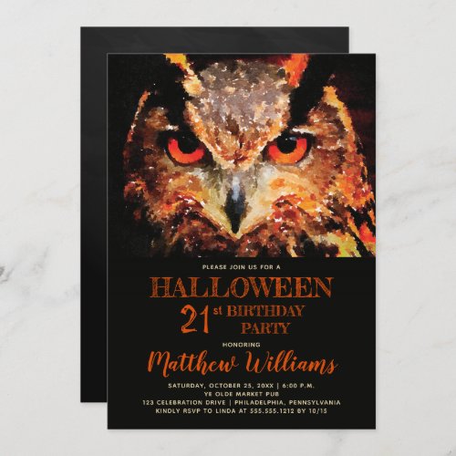 Eerie Night Owl Halloween 21st Birthday Party Invi Invitation