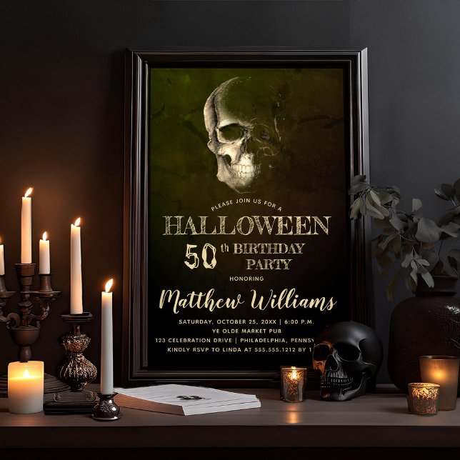 Eerie Night Skull Halloween 50th Birthday Party In Invitation (Eerie Night, Creepy, Scary Skull Halloween Adult Birthday Party Invitation)